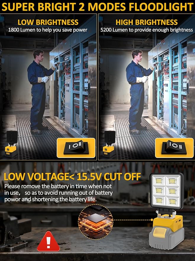 2 PCS LED Work Light Compatible with Dewalt 20V Max Battery T-SUNiceM 5200LM Flashlight 20V Battery Cordless Work Light 140°Adjust with Low Voltage Protection for Outdoors and Job Site Lighting