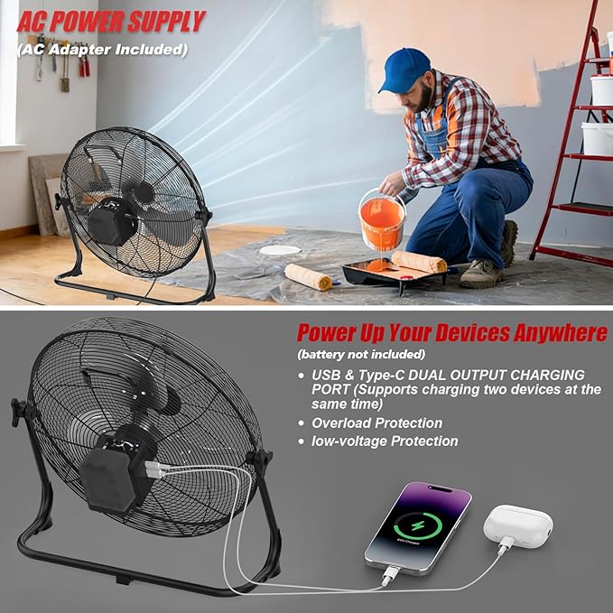 12" Battery Operated Floor Fan Compatible with Milwaukee 18V Battery, Portable Cordless Fan with AC Adapter, USB and Type-C Output, Variable Speed Fans for Jobsite Garage Camping(No Battery)
