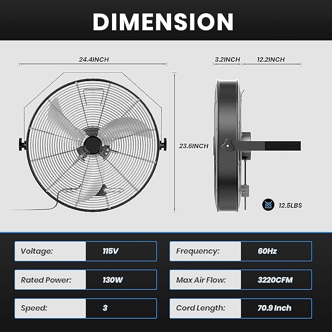 Simple Deluxe 20 Inch High Velocity Wall Mount Fan with Rack, 3 Speed Industrial/Commercial Metal Ventilation Fan