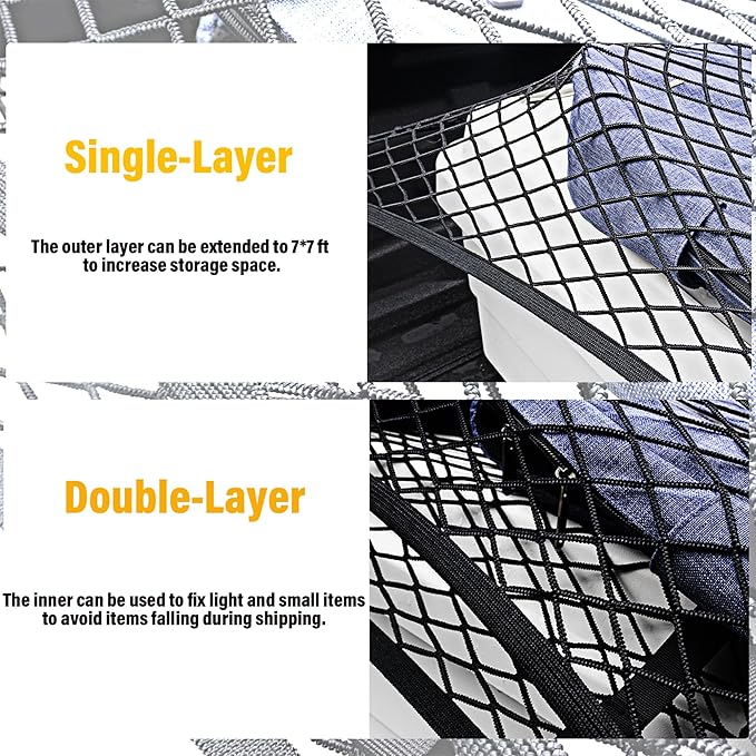Cargo Net for Pickup Truck Bed, Trucks Cargo Net Mesh Organizer, 4'x4' Stretch to 7'x7' Highly Elastic Truck Bed Net for Camping, Trip Luggage, Compatible with Trailer, Ford, Chevrolet, Dodge