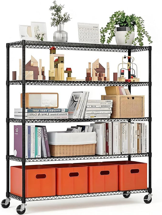 Xcity Storage Shelves, 5 Tier Heavy Duty Metal Shelving Unit with Wheels, 3000 LBS Capacity Adjustable Steel Wire Shelf Organizer for Pantry, Kitchen, Garage, 24" D x 48" W x 72" H, Black