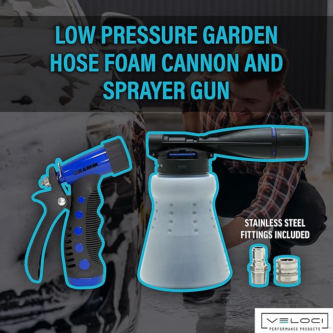 Veloci Performance MTM Hydro GHF1 Low Pressure Garden Hose Foam Cannon and Sprayer Gun for Car Wash, Cleaning Decks and Recreational Vehicles