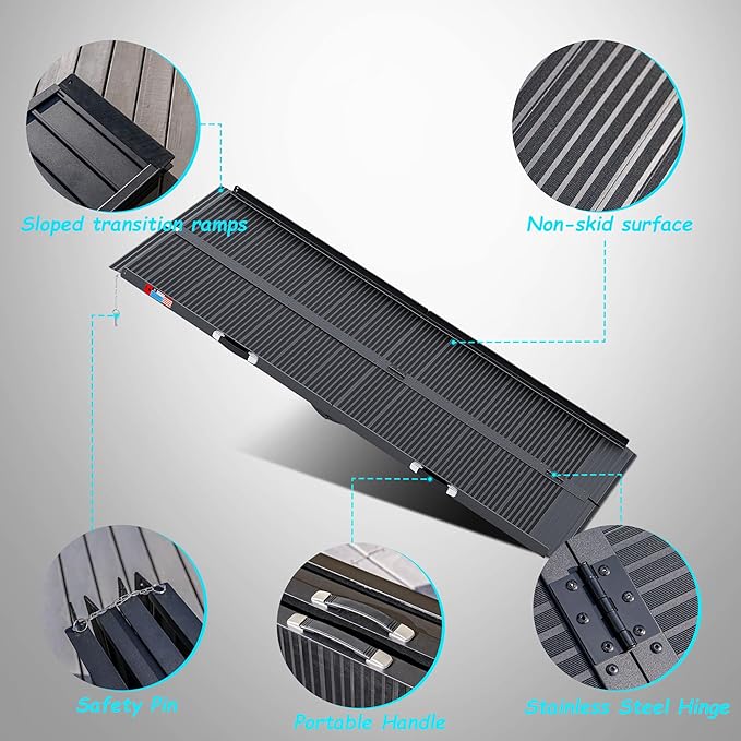 WHALEMOTOR Black Portable Wheelchair Ramp, 7FT No-sew Non-Slip Aluminum Wheelchair Ramp, Folding Portable Wheelchair Ramps for Home, Weight Capacity Up to 800 LBS, Loading Dock Plates