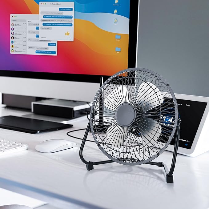 8” High Velocity Portable Fan, 2-Speed USB-Powered Floor or Table Fan with Adjustable Tilt and Steel Frame, Compact Cooling for Home, Office, or Workshop