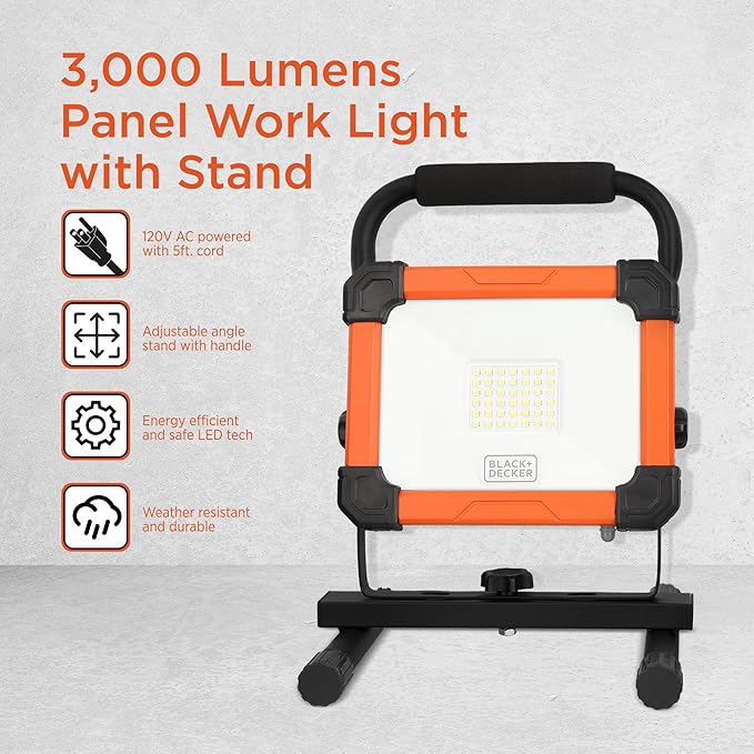 BLACK+DECKER LED Work Light, 3000 Lumens LED Panel Flood Light, IP65 Waterproof, Shock Resistant, 120° Beam Angle, ETL Certified, Pivoting H-Stand, Tripod Compatible, Compact & Portable, 120V Plug