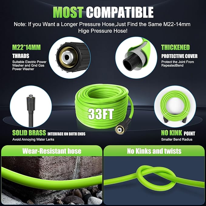 Adjustable Electric Pressure Washer 5000PSI with 33FT Flexible Extension Hose + 34FT Power Cord, 4 Nozzles, Foam Cannon, Best Power Washer for Cars, Patios, Driveways, Green
