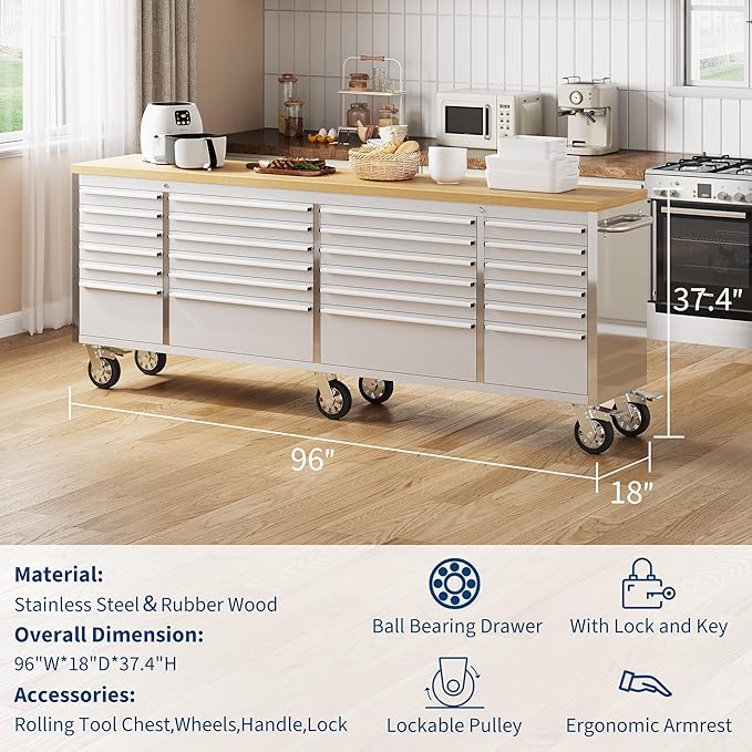 IDEALHOUSE 96 inch Rolling Tool Chest, Garage Workbench with 24 Drawers, Solid Rubber Wood Top & with Wheels Lock Key Locking, Mobile Workstation Tool Cabinet for Workshop Storage