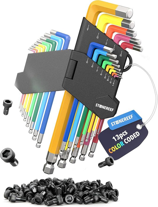 13 Piece SAE Allen Wrench Set Ball End Hex Keys Color Coded L Shape Design Alloy Steel Tool Kit for Bike Furniture Repair DIY Projects