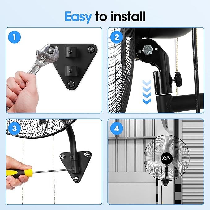 Xcity 18 inch Industrial Wall Mounted Oscillating Fan, 3-Speed, High Velocity, Max 4200 CFM, Adjustable Tilt, Heavy Duty Metal Outdoor Fans for Patio, Garage, Workshop, Warehouse, Black