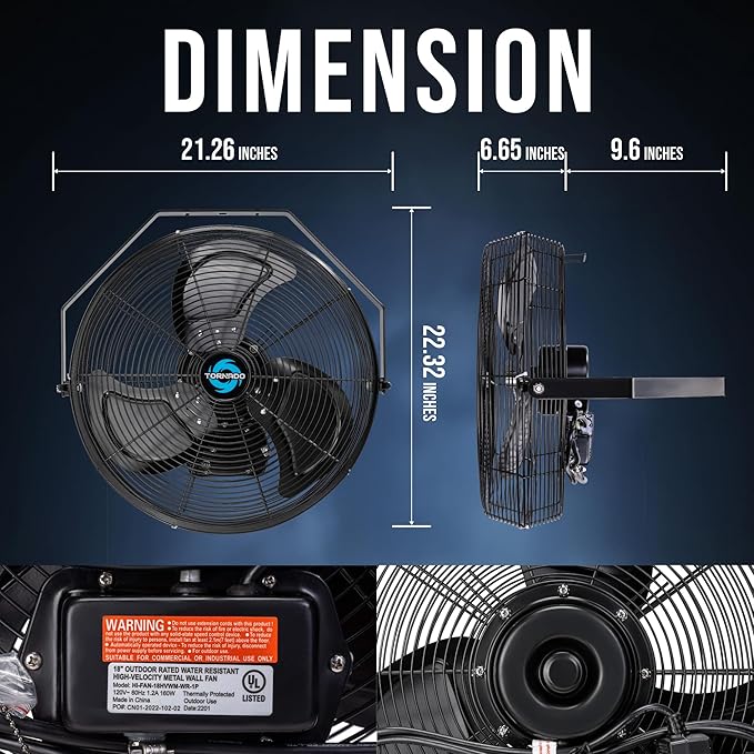Tornado 18 Inch Outdoor Rated IPX4 Water-Resistant High Velocity Metal Industrial Wall Mounted Fan For Commercial, Industrial, Residential Use 3 Speed 4150 CFM 6.6 FT Cord UL Safety Listed