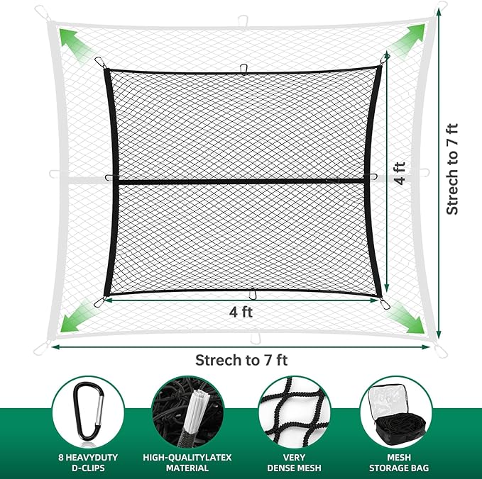 Heavy Duty Cargo Net for Pickup Truck Bed - 4' x 4' Stretches to 8' x 8' - Sturdy Latex Bungee Net Mesh - Truck Bed Accessories for Dodge RAM, Ford, Chevy, Toyota