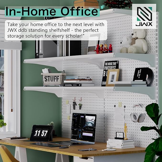 JWX Standing Pegboard Shelf Unit, White Gaming Home Office Garage Cabinets with Metal Pegboard and 15 Pieces Organizer Tool Holders