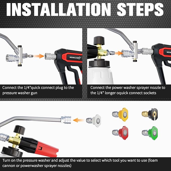 Pressure Washer Gun with Foam Cannon Kit, 1/4” Quick Connect, 5 Adjustable Nozzles & Dual Switch for Car Wash Foam Gun & Pressure Washer Gun
