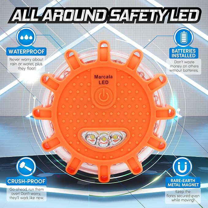 Marcala LED Road Flares 1-Pack | DOT Compliant LED Road Flares Car Emergency Kit | Emergency Flares w/Batteries Installed | Emergency Roadside Lights | 9 Flashing Modes to Get Noticed a Mile Away!