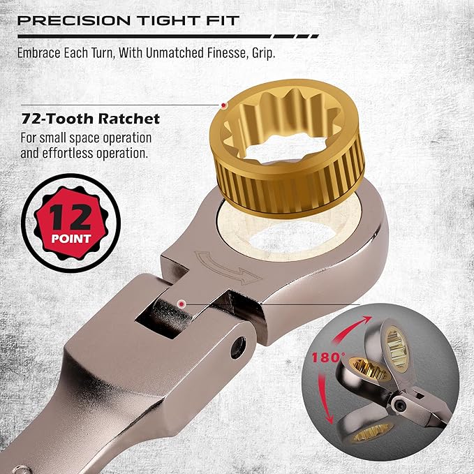 9-Piece SAE Flex-Head Ratcheting Combination Wrench Set - Premium 72-Teeth Gear Chrome Vanadium Nickel Plated with Organizer Bag