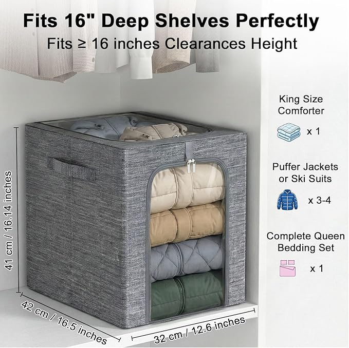 GoMaihe Clothes Storage Bins Metal Frame: 55L Extra Large Stackable Closet Storage Bin with Lid & Clear Window, Heavy Duty Blanket Box for Winter Coats Comforters (Fits Deep Closet 4-Pack)