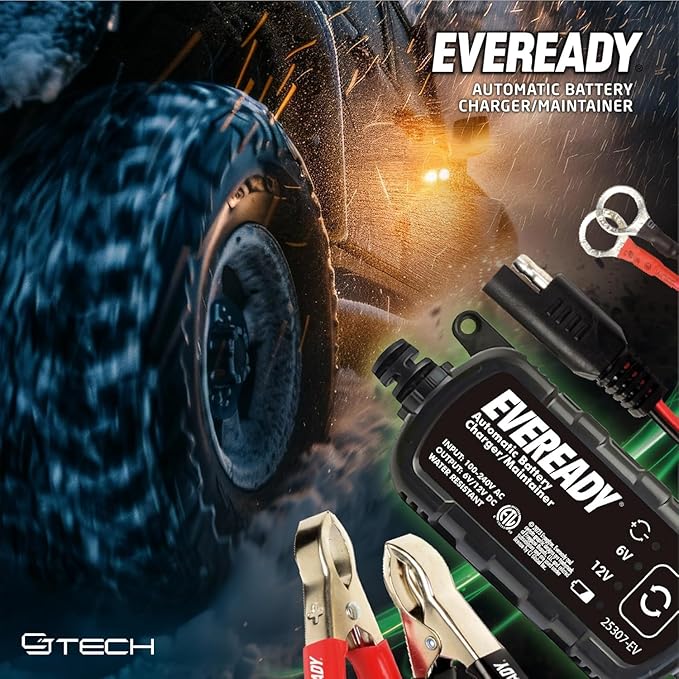 Eveready 1.2A Car Battery Charger – Automatic Float Trickle Charger for Car Battery 12V & 6V Lead Acid, Portable Car Battery Charger and Maintainer with Overcharge & Short-Circuit Protection