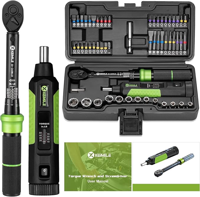 57Pcs Torque Wrench and Screwdriver Set-20-260In.Lb, 2.3-29.4N.m 1/4" Drive Small Torque Wrench,10-80 Inch Pound Torque Screwdriver for Maintenance, Tools, DIY, Bike Repairing, Mounting