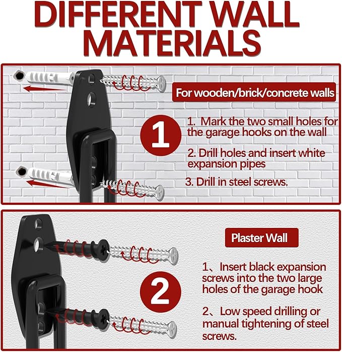 3-H Garage Wall Hooks Heavy Duty 8 Pack, Anti-Slip Steel Wall Mount Storage Hooks for Hanging Ladder Garden Yard Tools, Utility Organizer for Garage Lawn Shed(Red)