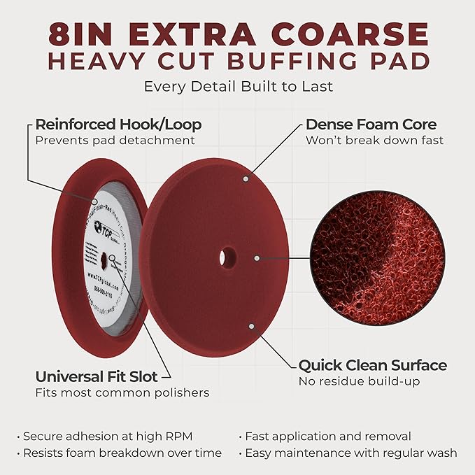 TCP Global 8" Red Foam Buffing Pad Extra Coarse Cutting Polish Hook and Loop Backing - Buffing Pad for Automotive, Marine, Truck, RV & Compound Cutting
