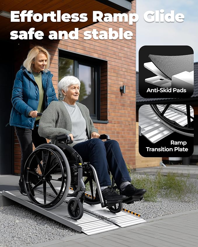 FACHNUO Portable Wheelchair Ramp 2FT, Non-Skid Aluminum Folding Threshold Ramp, Handicap Ramps for Wheelchairs for Home Steps/Doorways/Stairs/Curbs/, Scooter Ramp for Car, 800lbs Weight Capacity