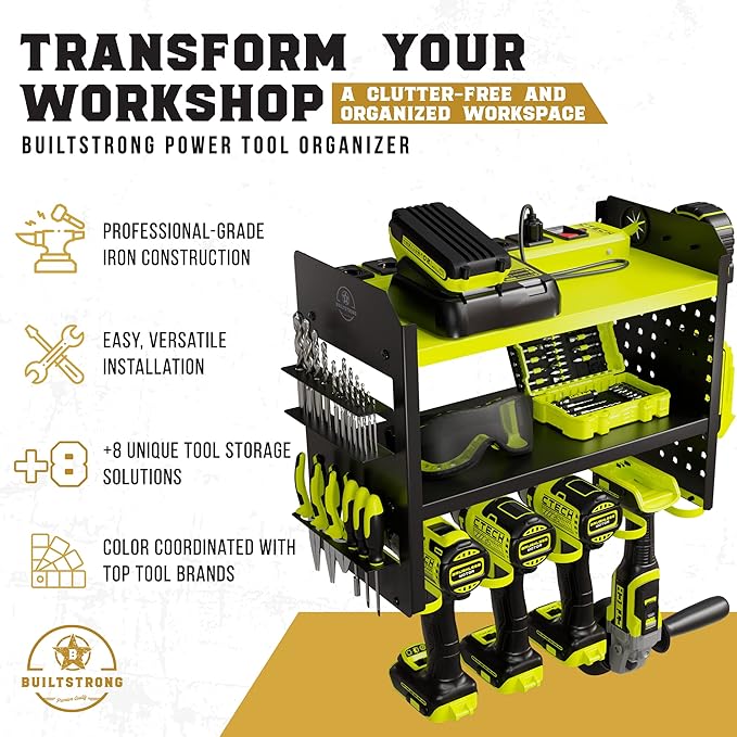 BUILTSTRONG Heavy-Duty Metal Tool Storage Rack - 3-Tier Wall Mount Organizer, Drill Holder, Utility Racks, PegBoard Side, Garage Storage (Green)