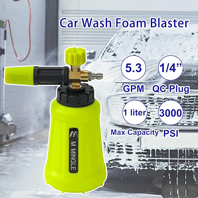 M MINGLE Foam Cannon for Pressure Washer, Car Foam Sprayer with 1/4 Inch Quick Connector, Wide Mouth Heavy Duty Car Wash Foam Blaster Power Washer, 1 Liter with 5 Nozzle Tips