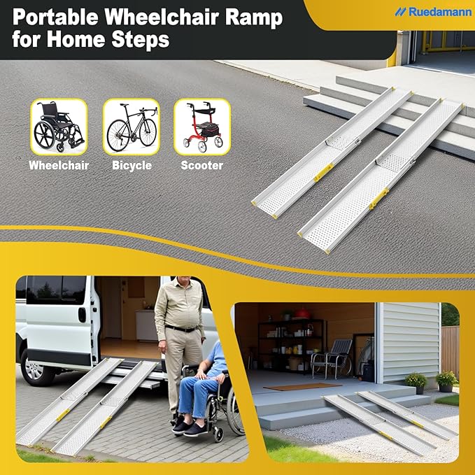 Ruedamann Wider Light Ramp for Wheelchair, 6 Foot Telescopic Portable Wheelchair Ramp, Heavy Duty Capacity Suitable for Scooters, Lighteweight Yest Strong Ramp for Wheelchair for Home, Doorways