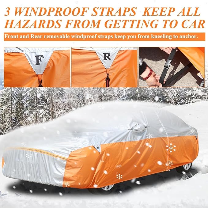 Tecoom Waterproof All Weather Sedan Car Cover, Windproof Storm Full Exterior Cover with 3 Gust Straps, Mirror & Door Zipper, UV Sun Snow Protection, Fit for Sedan (170"–190")
