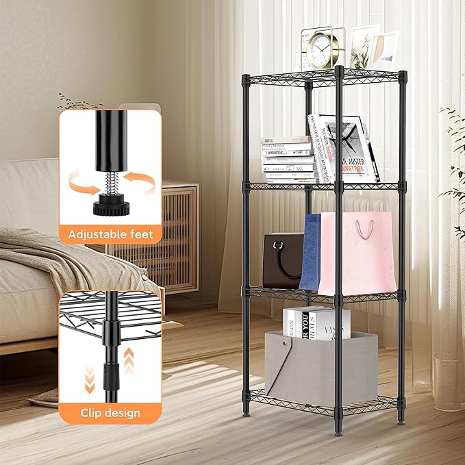 M MZG 4 Tiers Shelf Metal Storage Shelves Wire Rack Closet Organizers for Garage Kitchen Bathroom Laundry Black 11.8" D x 17.7" W x 41.9" H