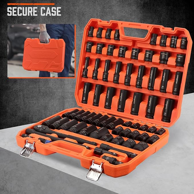 HORUSDY 1/2" Drive Impact Socket Set, 67 Piece, SAE (3/8" to 1-1/4") and Metric (8-24mm), 6 Point, Cr-V, Includes 1/2-Inch Drive Ratchet Handle, Extension Bar, Universal Joint and Adapter
