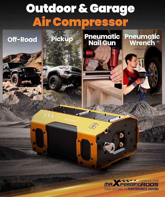 maXpeedingrods 12V 4-Cylinder On Board Air Compressor Kit 200 PSI, Heavy Duty Truck Tire Inflator Built-In 0.6L Air Tank, Dual Cooling Fans, Off-Road Air Compressor Kit for Truck, Jeep, Pickup, SUV