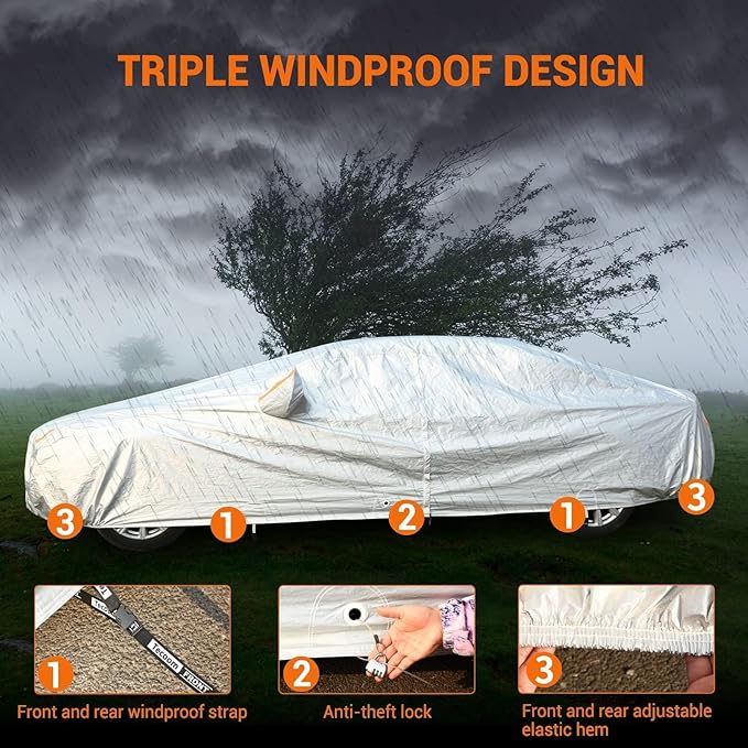 Tecoom Waterproof All Weather Car Cover, 3-Layer Fleece Lined Full Exterior Outdoor Covers with Zipper Door & Lock, Wind Snow Hail UV Sun Protection, Fit for Sedan (201"–210")