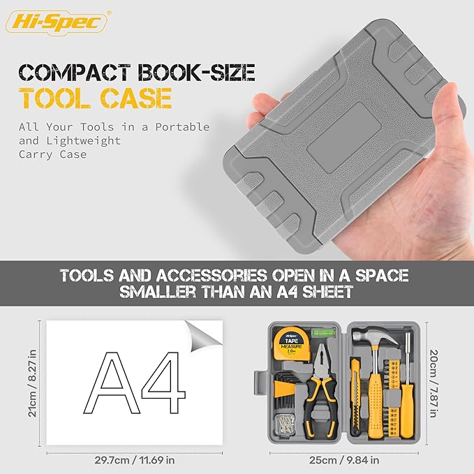 Hi-Spec Small Tool Box for Home and Office DIY, 25-Piece Yellow Mini Tool Kit Set for Basic Household Repairs in a Portable Toolbox Case.