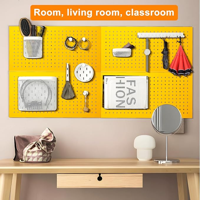 Metal Peg Board Panels for Workbench, Shop, Shed Modular Peg Board Organizer Board Kit, pegboard Wall Organizer(4 Pack, Yellow)