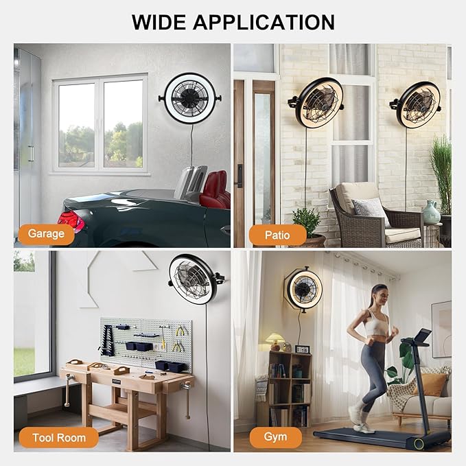 16" Wall Mounted Fan Indoor, Quiet 6 Speed Wall Mount Fan with Remote, Light and Timer, 360° Adjustable Tilt Plug in Wall Fan for Garage, Bedroom, Kitchen, Living Room, Greenhouse, Patio