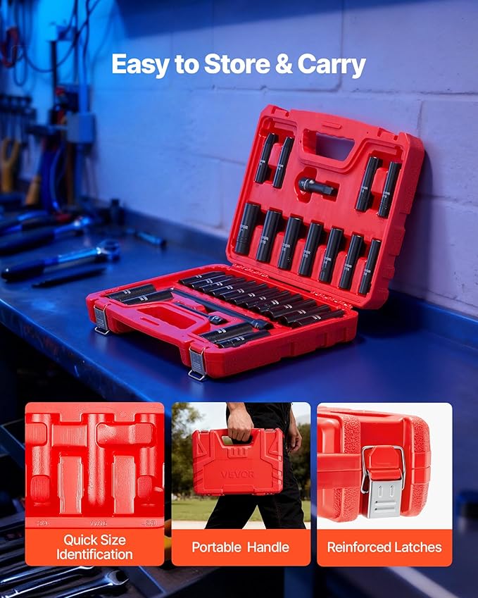 VEVOR 1/2" Drive Impact Socket Set, 29-Piece Deep Sockets Standard SAE (3/8 to 1 inch) and Metric (10 to 24 mm) Size, 6 Point, CR-V Steel, Extension Bars (3", 5", 10")
