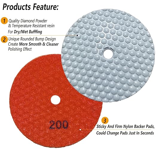 5 Inch Dry Diamond Polishing Pads, 11PCS Wet/Dry Granite Stone Buffing Pad Kit for Marble Concrete Quartz Tiles - High Temperature Resistance Sand Disc for Drill Grinder Polisher