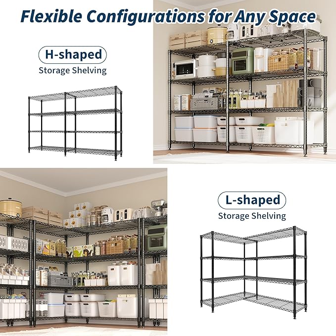 4-Tier Metal Storage Shelves, 60"W Heavy Duty Garage Shelving Unit 1060LBS Capacity, Adjustable Wire Standing Storage Shelf Organizer for Kitchen Pantry Home&Commercial, Convertible L-shaped Shelves