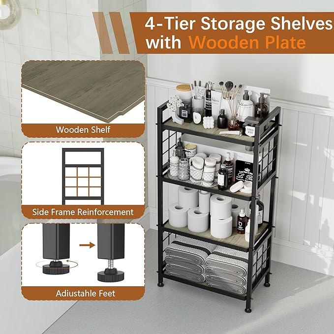 GIOTORENT 4-Tier Pantry Shelves with Wooden Boards, Heavy Duty Storage Shelves & Book Shelf, Adjustable Metal Shelving Unit for Kitchen Bathroom Laundry Organizer, Sturdy Rust-Resistant, Black