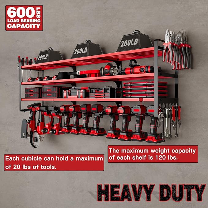 NattyDot 48" Large Power Tools Organizer Wall Mount,12 Drill Holder for Garage, Workshop Heavy Duty Storage Rack (Red)