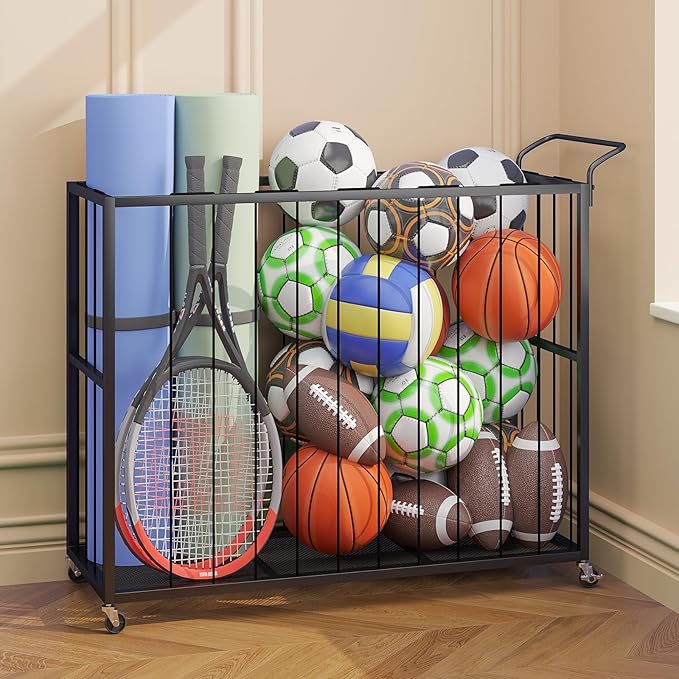 Homsorout Ball Storage Bin Rolling Sports Ball Cart, Metal Garage Organizer Sport Rack, Ball Basket Storage, Ball Cage for Garage or Gym, Indoor & Outdoor Sports Equipment Organizer