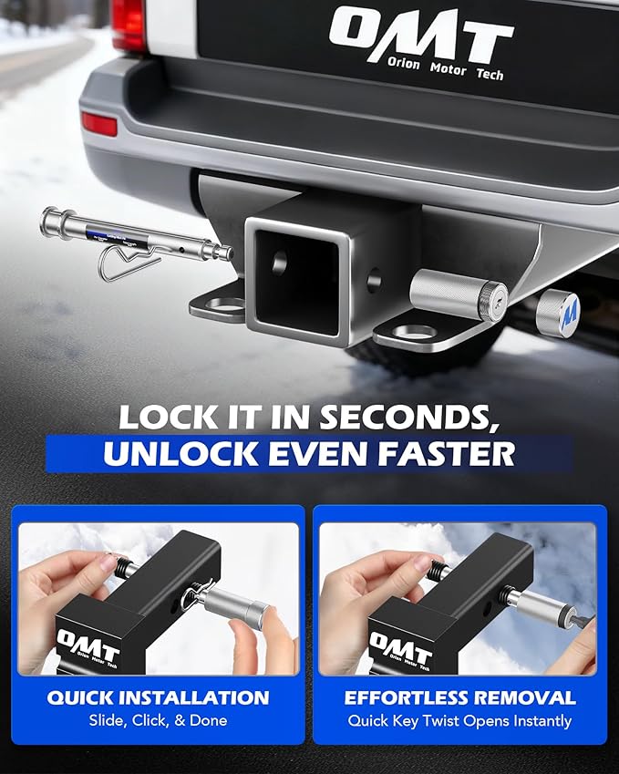 Orion Motor Tech Locking Hitch Pin, Fits 2" Receiver with 5/8" Diameter Hitch Pin Lock, Anti-Theft Steel Hitch Pin Lock with Key for Class III IV Hitches, Anti-Rattle Trailer Hitch Pin, Silver