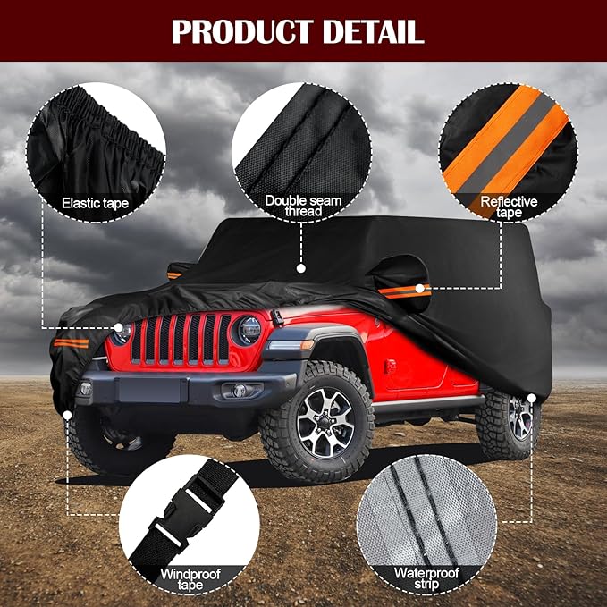 Waterproof Car Cover for Jeep Wrangler 4 Door 2006-2026 JK JL Outdoor Waterproof Sun Rain Snow Hail Protection with Driver Door Zipper