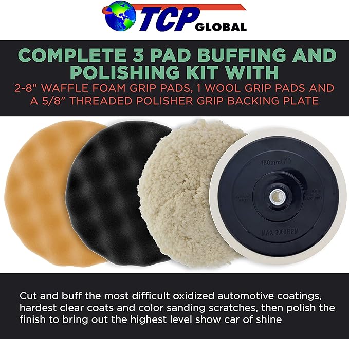 TCP Global Complete 3 Pad Buffing and Polishing Kit with 3-8" Pads; 2 Waffle Foam and 1 Wool Grip Pads and a 5/8" Threaded Polisher Grip Backing Plate