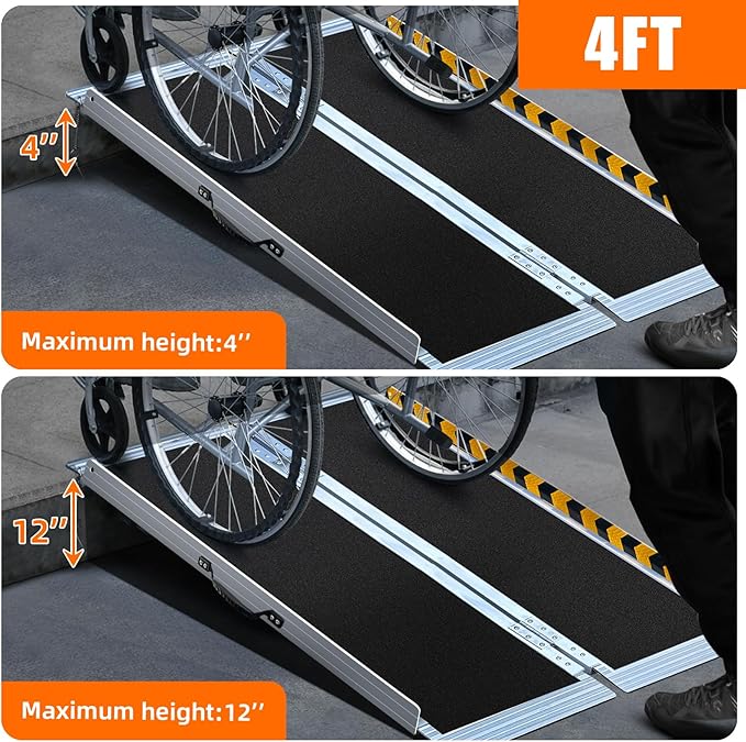 4FT Long Wheelchair Ramp for High Steps & Van Loading - Extra Stable Aluminum Ramp, Creates Gentler Slope for 4 to 12 Inch Height, 800 lbs Capacity