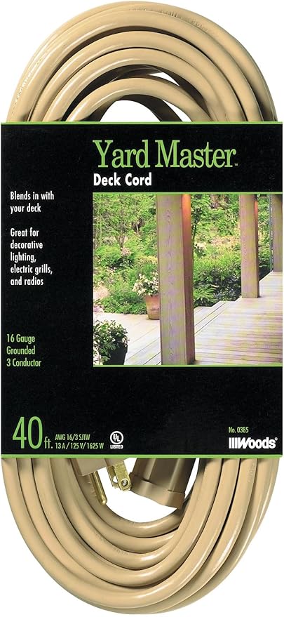 Woods Yard Master Extension Cord - Flexible Power for Patio & Landscape Use - Light Duty - SJTW Extension - 16 Gauge - 3 Prong - Beige - 40 Foot