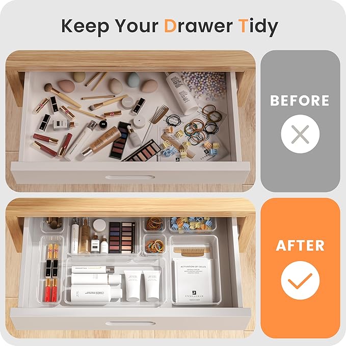 A-LuGei 【46PCS & 5Sizes】 Clear Drawer Organizer,【Hold 277 Items】 Makeup Organizer, Bathroom Organizers and Storage, Organization and Storage, Organizer Bins for Office Vanity Kitchen Tool Trays