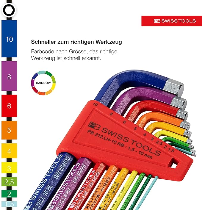 PB SWISS TOOLS Rainbow Hex Key Set PB 212.LH-10 RB CN | 100% Swiss Made | 9-Piece Allen Wrench Set Color Coded by Size 1.5-10mm with Ball End