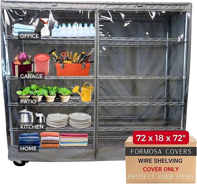 Formosa Covers Premium Clear Front Wire Shelf Cover Grey - Heavy-Duty Storage Solution Wire Rack Cover (72”Wx18”Dx72”H) - Waterproof PVC, Water/Dust Resistant Fabric, Multi Zipper (No Shelf)